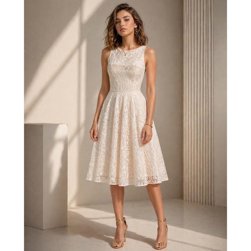 Carmen Marc Valvo Vintage Cream Sleeveless Lace Fit and Flare Dress Size:2